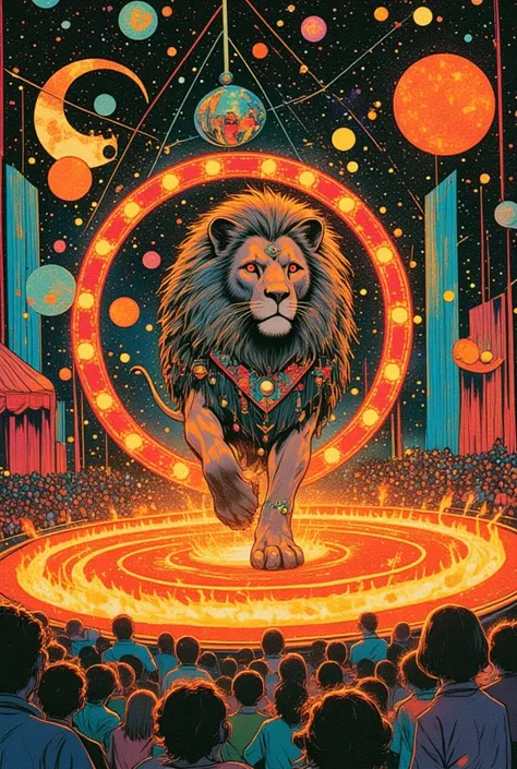  There is a poster with a lion passing through the ring of fire, Circus in the Imaginary World ,Whimsical Circus ,There is a poster where the audience is in the audience ,close-up,  close-up view ,  1968 sci-fi tarot card  , Close view ,,  close-up shot, L...