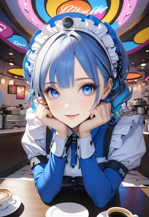 （（Extremely deep interior ） Brightly Coloured Artwork ,  maid cafe ,cobalt blue costume、Coffee provided ,Take a break with coffee,  charming maids stare at you、