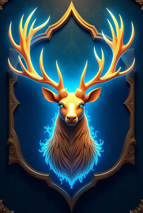 A guild emblem. Mythical Golden stag facing side with large antler with blue neon aura. Fill background with navy and gold pattern. Use magictic and royal pattern. Using only head of the stag