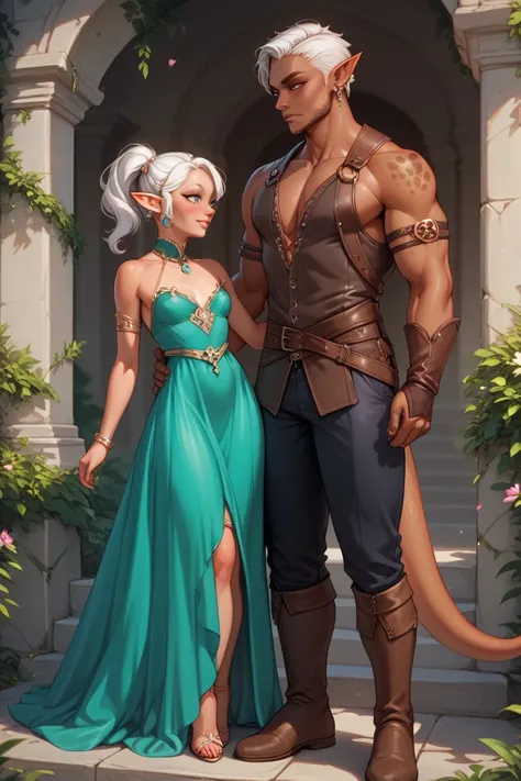 Tiny black female kobold standing next to a very tall male drow elf, dark skinned elf, buff elf, Kobold in dress, male elf with long white hair, very short kobold 