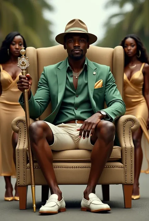 Forty year old black man, very elegant and sophisticated, strong athletic build, with a goatee, wearing jewelry and a modern bowler hat, moss green linen shirt with short sleeves and sand colored formal shorts.
Italian loafer shoes in white with moss green...