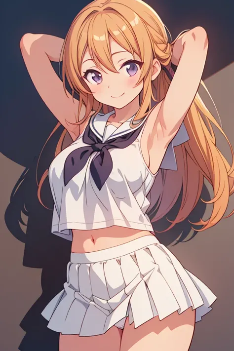 (masterpiece),(Highest quality),(Very detailed),(Best illustrations),(Best Shadow),(Natural background),(so beautiful), kirino kousaka,Schoolgirl uniform,White panties,Short skirt、Detailed panties, Arms behind head,Solo,Smile,Gigantic chests,armpit,cum ON ...