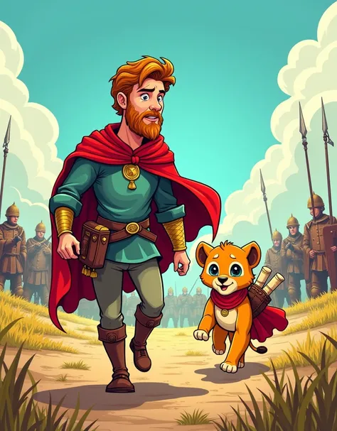 create comic style illustration of the Prince that is going to battle field that is follow by cute lion cub Ariel which hide all of the scrolls in his satchel and carry them to fulfill his royal duty and still protect everyone cartoonish