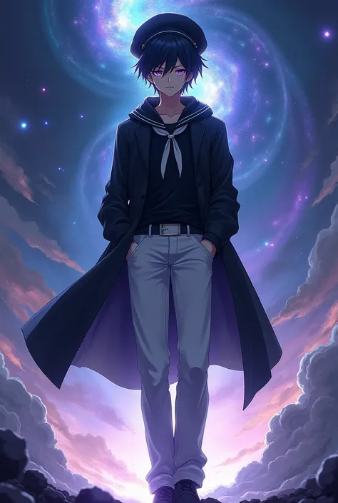 highly detailed, anime male character, wearing a black sailor hat, short black hair, purple eyes, fair skin, smiling, black shirt, black coat, long white pants, black shoes, 1.80m tall, standing in outer space background, cool and confident expression, cin...