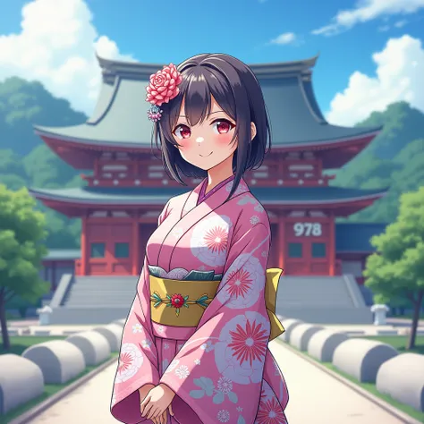 japanese temple background, got "978" named on the temple, pretty, teenager girl, wearing kimono, got "Shea" named on her kimono, smiling, anime.