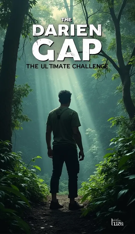 A lone figure standing at the edge of the jungle, staring into the dense wilderness, with the text “Darien Gap: The Ultimate Challenge” overlayed dramatically.