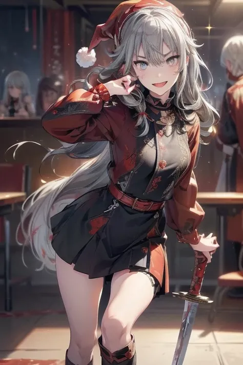 (from below:1.2),((1girl, silver hair, long hair, evil red eyes, crazy eyes, crazy smile:1.5, ), (santa clothes, santa hat, black tights, santa boots), (((holding ominous japanese sword ))), ((battlescene,slashilg,killing the mafia,blood splash)), (indoor,...