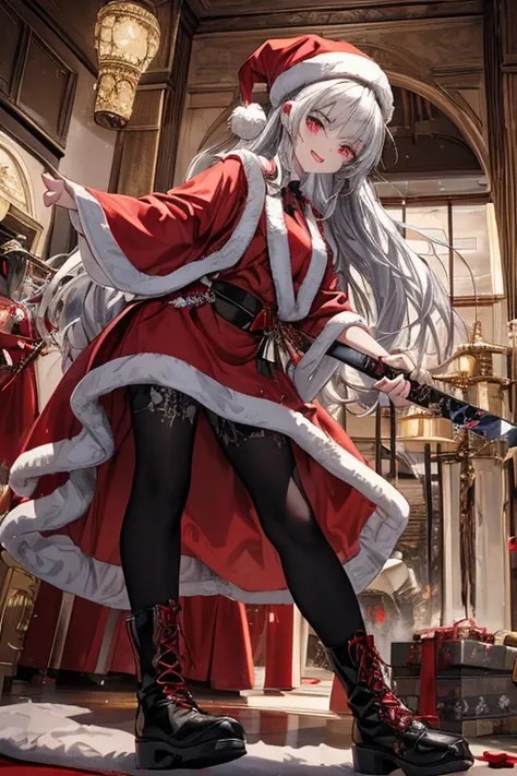 (from below:1.2),((1girl, silver hair, long hair, evil red eyes, crazy eyes, crazy smile:1.5, ), (santa clothes, santa hat, black tights, santa boots), (((holding ominous japanese sword ))), ((battlescene,slashilg,killing the mafia,blood splash)), (indoor,...