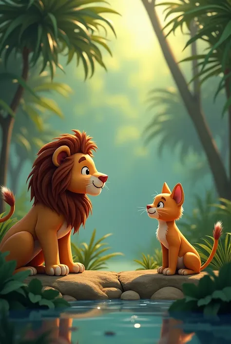 Jungle ka ek khubsurat scene, jisme ek lion apne den ke paas baitha hai aur door ek chhoti cat chhupke se usse dekh rahi hai.
Cat: (apne aap se) "Yeh lion kitna bada aur shaktishaali lagta hai! Main isse dost banna chahti hoon."
Lion: (gurra kar) "Kaun hai...