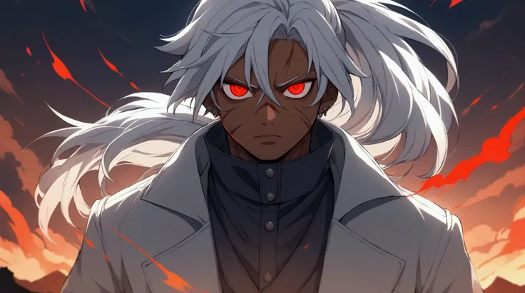 Man, dark skin, long white hair tied in a ponytail, scars on the body, glowing red eyes, piercing and intimidating gaze, cut scars on the body and face, wearing a gray overcoat, village background, "anime shounen style, Masashi Kishimoto, Pierrot animation...