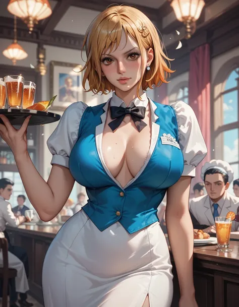 Score_9, Score_8_up, Score_7_up, Score_6_up, Score_5_up, Score_4_up, Source_anime, tag1, tag2, quality_masterpiece, Anatomically correct, medium breasts,Nami from One Piece,Blonde Hair, Short Hair, Bob Cut, Messy Hair,wide hips, Hairpin, Blush, Air hostess...