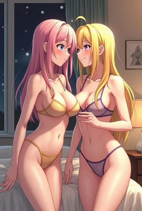 Girls group in bedroom showing ther boobs and pussy to eachother without clothes in anime 