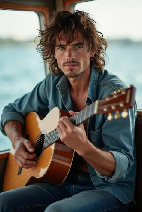 A American man realistic,  soothing, relaxing, looks as killian murphy, guitar, short  Long hair, aged 25, distance shot from 50 mitre, beautiful large eye, on boat, jeans, shirt, realism, Eddie vedder,   antisocial 