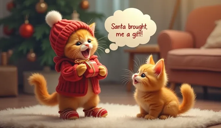 The orange cute little kitten wearing warm clothes and shoes and pulls the wrapped gift out of the sock, his eyes wide with excitement. He shouts joyfully, with a message box of white cloudy form appears and reading: Santa brought me a gift! His orange mot...