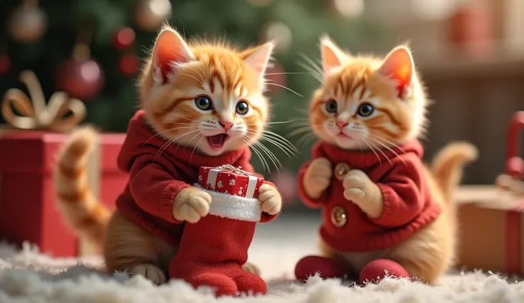 The orange cute little kitten wearing warm clothes and shoes and pulls the wrapped gift out of the sock, his eyes wide with excitement. He shouts joyfully, with a message box of white cloudy form appears and reading: Santa brought me a gift! His orange mot...