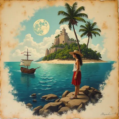 Expedition Recruitment Poster"Treasure Island Exploration  (Super detailed alcohol ink painting of a stunning treasure island and a female explorer:1.2), Made from a patch of vintage script paper、Stress-Free Mixed Media Masterpieces, Ephemera, Torn card, j...