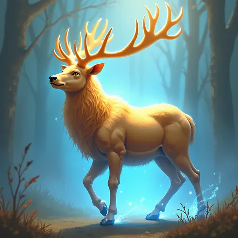 Mytical golden stag facing side with blue aura and large antler