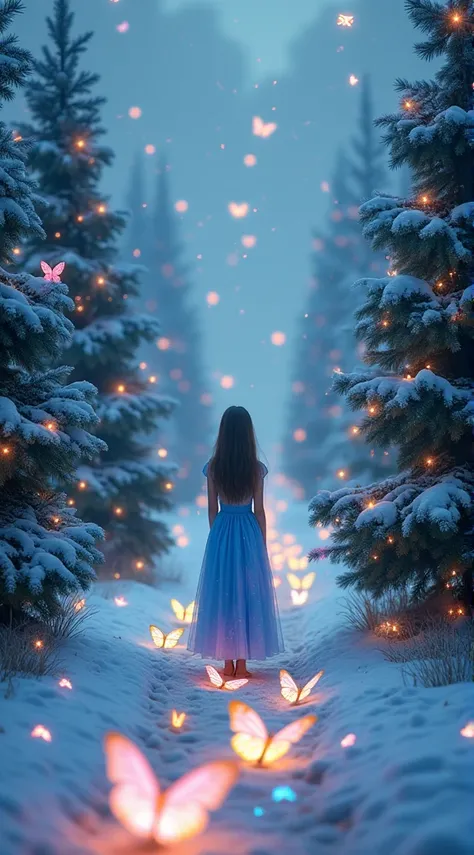 The image depicts a magical scene of a young girl standing on a pedestal. A path of colorful butterflies leads the viewer towards, He walks towards the viewer towards the path illuminated by glowing blue sparkles, as if leading him forward. Long blue spark...