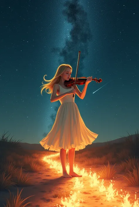 Blonde girl in white dress playing the violin backwards ,  on a path of fire under her bare feet and around the starry sky with hundreds of shooting stars. Silhouette of a young man with red eyes and long straight hair rising over the girls head  