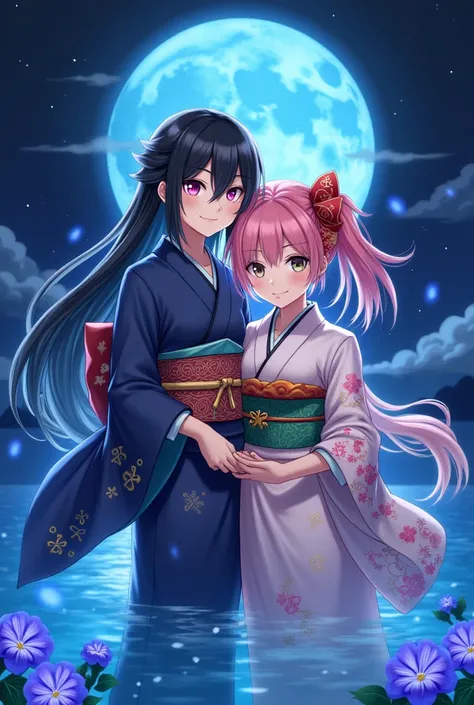 highres, ultra detailed, HDR, masterpiece, Iguro Obanai, black hair, expressive pink eyes, Kimetsu No Yaiba, Kanroji Mitsuri, pink hair, expressive green eyes, together, beautiful, kimono, magical, fantasy, water, blue moon, starry, blue fireflies, blue fl...