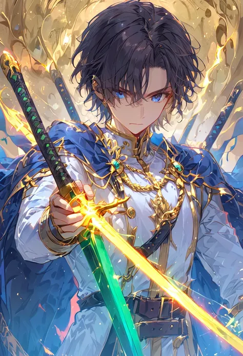 (masculine,male,boy), 20th, 1 male, absurdres, energy_arrow, upper_body, hair_between_eyes, holding, holding_weapon, dual swords, white_shirt, aiming, harmony, undershirt, weapon, jewelry, cape, shirt, blue_cape, fate_(series), simple_background, gold, sho...