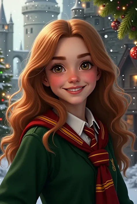 Hermione Granger, a teenager at Christmas at Hogwarts School, wearing a green and red school uniform, had a merry cheer.