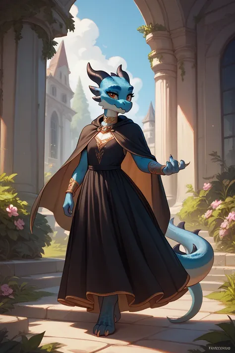 black female kobold, female black dragon, wearing a dress, clean dress, lute, no wings, cloak, admiring you