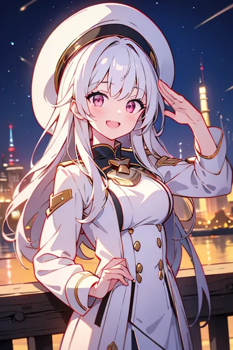 vibrant colors, girl, masterpiece, sharp focus, best quality, depth of field, cinematic lighting, ,white captain outfit, hat, long hair, white hair, red eyes, laughing, smile, medium breasts, outdoors, fireworks, salute, night sky, starry sky, city, water,...