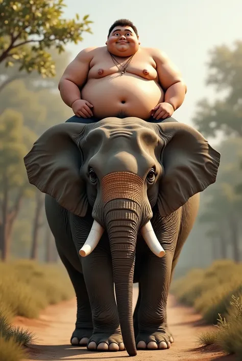 man,  slightly plump , sits on an elephant .  His skin color is natural beige . man и слон смотрят в камеру и стоять в полный рост