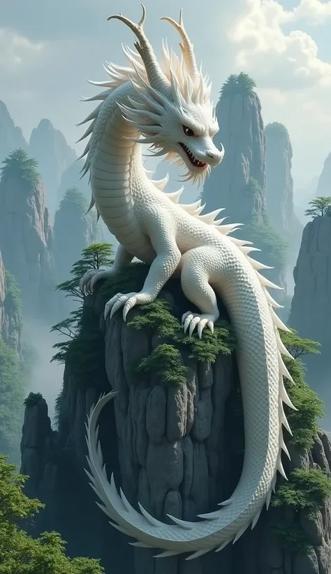 ((masterpiece,  top quality,  highest image quality ,  high-resolution , Realistic,  original photo,  extremely detailed unified CG 8K wallpaper )), The Peak，Trees，A long white Chinese dragon stands on a stone，close up