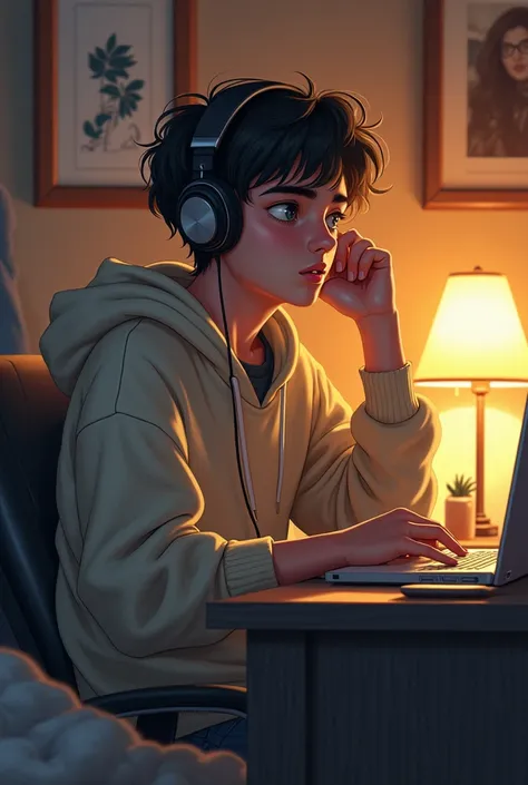 Make a drawing of a teen wearing hoddie siting on a desk in his room and listening music