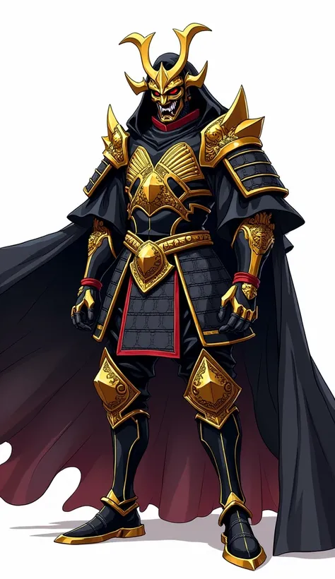 Anime style illustration , black and gold shiny samurai armoured shogun with gold oni mask , sharp demon teeth, red eyes , black cape , in white background , 