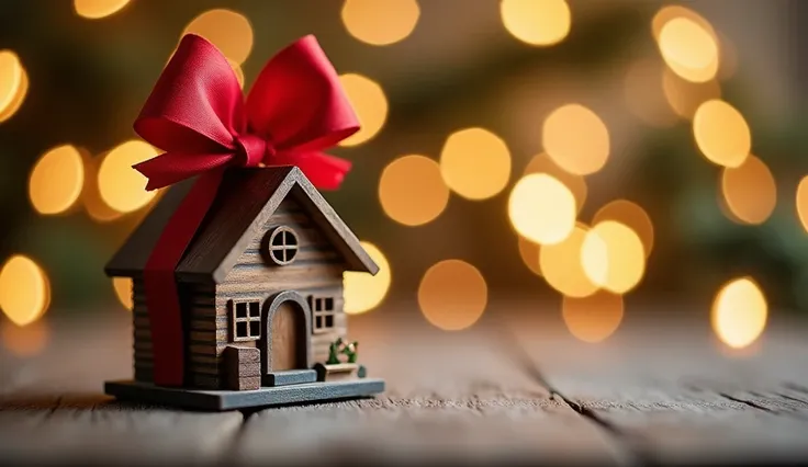 Miniature wooden house, large red bow on roof, warm bokeh lights background, cozy holiday atmosphere, macro photography, shallow depth of field, textured surface, festive decoration, tiny windows and door, Christmas gift concept, detailed craftsmanship, so...