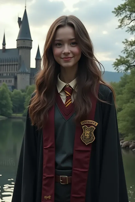 BRUNETTE WOMAN WEARING HOGWARTS