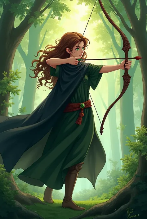 Elven anime style with green pupils, curled brown hair and a black cape and a bow being pointed with both hands at an arrow while in a forest