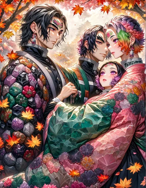 Ultra detailed, highres, absurdres, HDR, master piece, Iguro Obanai, ruffled black hair with burgundy tips, short hair, expressive dark red eyes, hanafuda earrings, Kanroji Mitsurio, black hair, expressive pink eyes, black haori, pink kimono, Kimetsu No Ya...