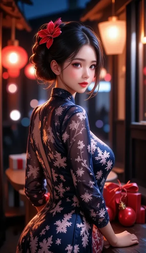 (RAW photo,) (Random shot, full body in frame, Side view focus, Dutch Angle), ((Asian adult female, one-person,) (traditional Chinese dress, one-piece, dark navy, long length, elegant, embroidered, decoration, fascinating,) merryXmas, random posing, stylis...