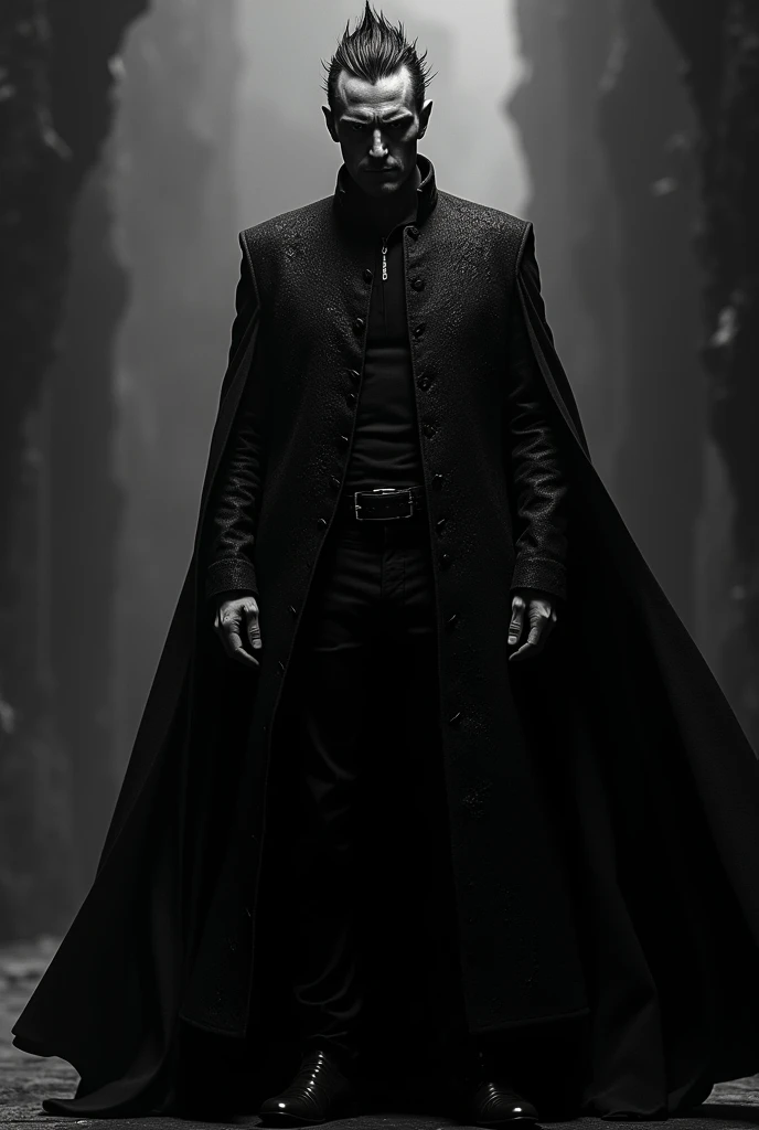 "Highly detailed, cinematic black-and-white portrait of a mysterious man with gray skin and sharp, spiky black hair. He is wearing a long, flowing black coat with intricate textures, standing against a dramatic, shadowy background. The lighting emphasizes ...