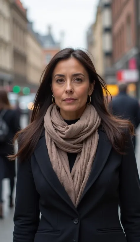 A 35-year-old woman with straight hair, dressed in a blazer and scarf, walking down a busy street.