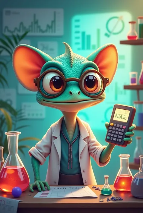 The cartoon character, the chameleon, is seen as a scientist and also focuses on the marketing and stock side.