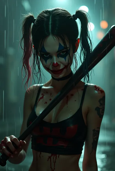   A very young Harley Quinn   ,   faded and worn clown makeup ,      with a bloody baseball bat   ,      perverse look and Maleficent smile    , Psychotic look ,   very thin and slender body ,  melena muy densa, on a street at night muy oscuro, su cuerpo a...