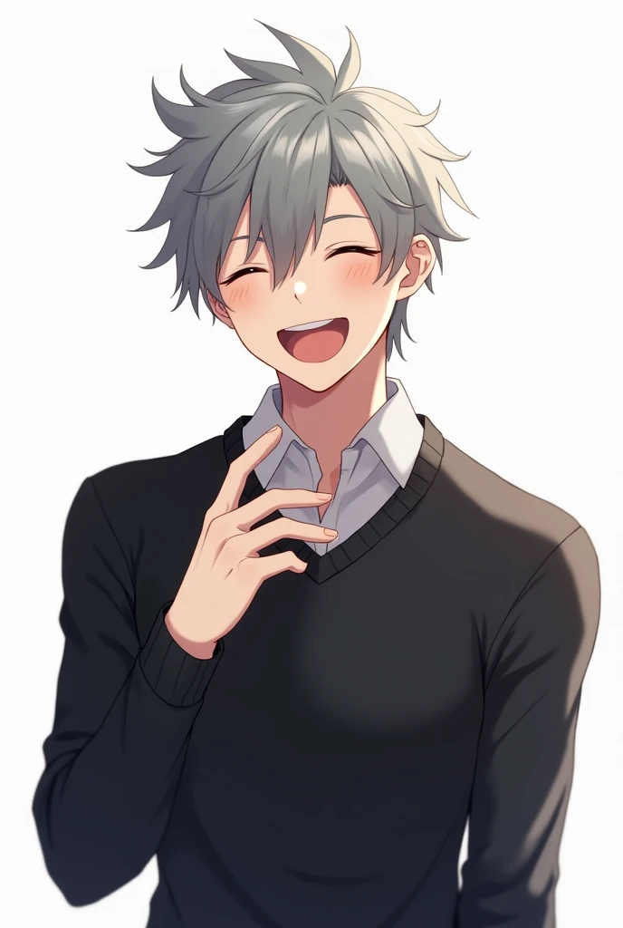 A male character with anime traits,with gray hair in a black sweater laughing on a white background