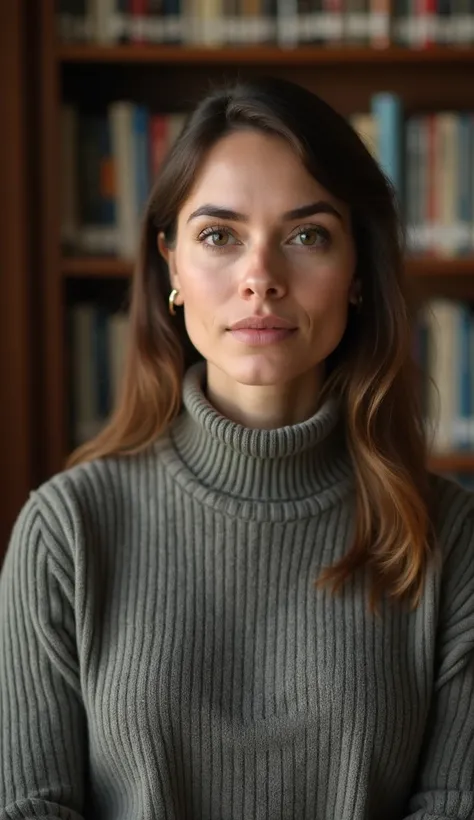 A 37-year-old woman with a calm expression, in a high-collared sweater, seated in a library.