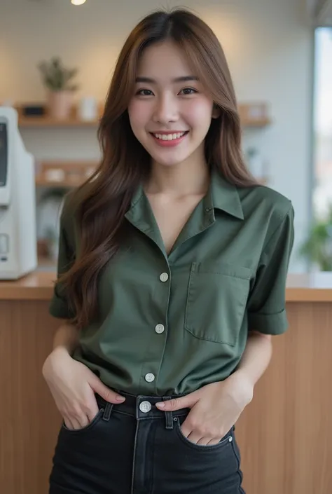  Korean girl with long hair ,  Natural Brown Hair ,   medium chest,  Smiling, seeing white teeth,   Wearing a dark green short-sleeved collar shirt with a chest of 40 inches.,   Italian Silk ,White Buttons ,Long black jeans, RANDOM GESTURES, stand ,  Dayli...