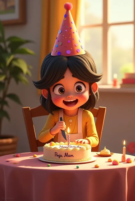 A girl is sitting on a chair, wearing a birthday cap and cutting a cake. Happy Birthday Pooja Mam is written on the cake.