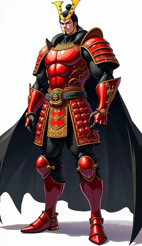 Anime style  illustration , red and gold shiny samurai armoured shogun muscular man , hunter eyes , black cape , in white background , 