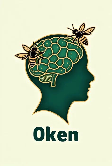 Task:  Create an outline logo in gold and emerald tones

Elements:

1. Brain: The human brain (semi-profile) with a contoured gold outline .
2. court:  Inside the brain - contoured golden honeycombs .
3. bees:  Two emerald bees  ( one slightly larger )  wi...