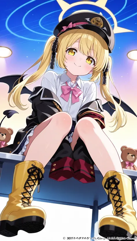 Score_9, Score_8, (High quality anime art), ((tanga_ibuki)), (long hair, blonde hair, twintails, tail, hair ribbon, yellow eyes, wings, halo, demon tail, black wings, demon wings), (skirt, shirt, long sleeves, hat, ribbon, jacket, hair ribbon, white shirt,...