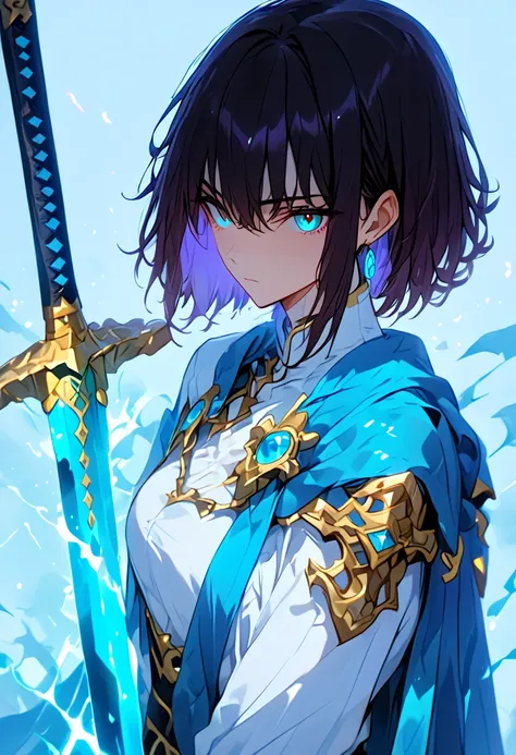 (masculine,male,boy), 20th, 1 male, absurdres, upper_body, hair_between_eyes, holding, holding weapon, rune swords, white_shirt, harmony, undershirt, weapon, jewelry, cape, shirt, blue_cape, fate_(series), simple_background, gold, short_hair, black_hair, h...