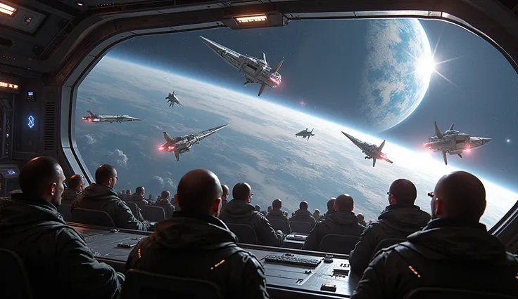 "An intense space battle scene, where a massive alien fleet retreats after being defeated by a humorous Earth message. The image shows a futuristic human space command center with soldiers laughing while watching alien ships retreat. The background is fill...